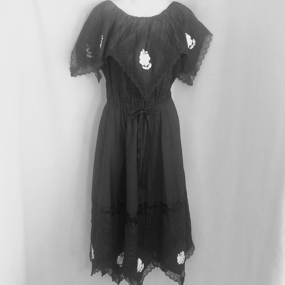 Vintage 70s Black Embroidered Maxi Dress Asymmetric Hem Size Small  
